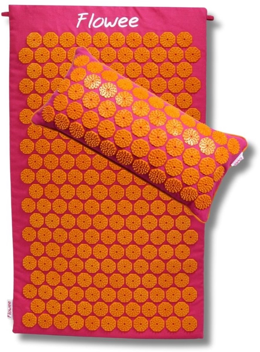 Goedkoopste Flowee Spijkermat & spijkerkussen SET - Fuchsia met oranje (77x45 22x44cm) - Acupressuur Mat - Spijkerbed - Acupunctuur - Shakti Massage