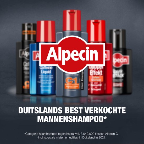 Alpecin logo met verschillende Alpecin shampoos erachter. "DUITSLANDS BEST VERKOCHTE MANNENSHAMPOO*"