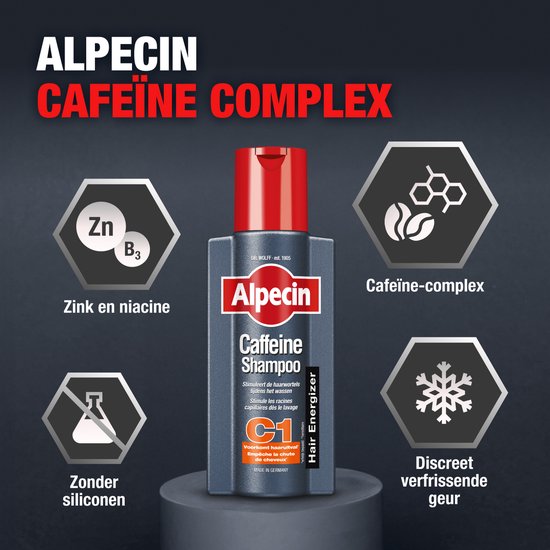 Alpecin C1 Caffeine Shampoo fles met pictogrammen voor zink, niacine, cafeïne-complex en "Discreet verfrissende geur".