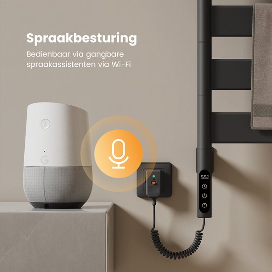 Zwarte handdoekradiator met Google Home en spraakbesturing. Aangesloten op stopcontact.