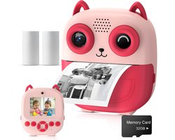 Ohome 3-in-1 Digitale Kindercamera met Instant Print - Digitale Fotocamera & Vlogcamera - 24MP - 32GB SD Kaart & Kaartlezer - Selfie Camera - Foto & Video - Filters & Spelletjes - Incl. 2 Printrollen - Roze