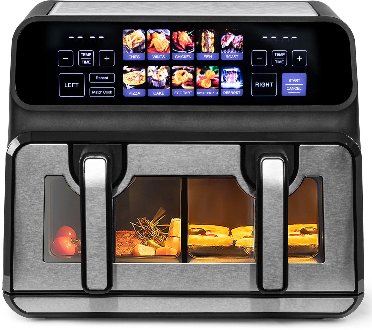 Digitale Airfryer XXL 9L Sinaopus 802 – Heteluchtfriteuse met Dubbele Mand en DualMand Onafhankelijke Snelle Opwarming – Voor Gezinnen – 10 Programma’s – Kijkvenster – Makkelijk te Reinigen – Capaciteit voor 4 Personen - Digitale - €99,00