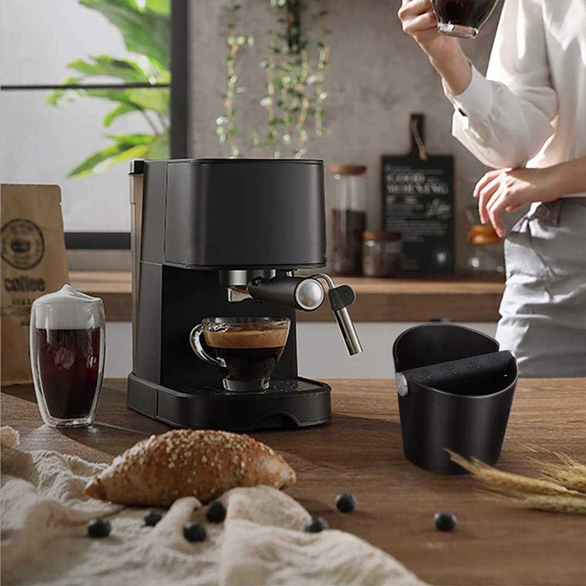 Candala Koffieklopper Espresso Klopbak Koffiebak Barista-accessoires Accessoires voor koffiemachines Schokabsorberende koffieresidu Klopbox met verwijderbare metalen klopstang en antislipvoet (rond)