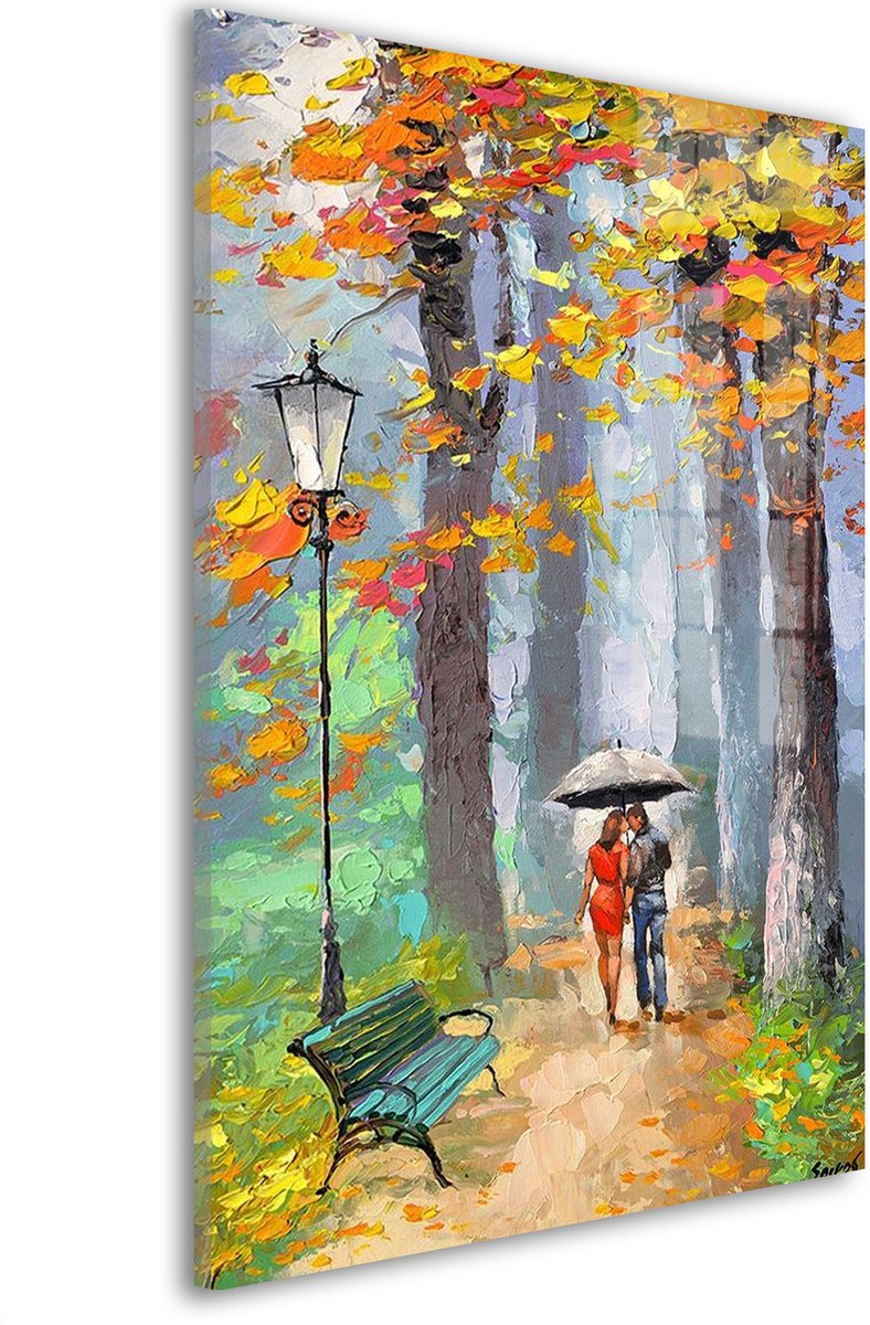 Glasschilderij Herfstige liefde wandeling - 120 x 80 cm - Koppel - Liefde - Acrylaat - Inclusief wandbevestiging - Foto op plexiglas - Wanddecoratie woonkamer – Modern – Modern
