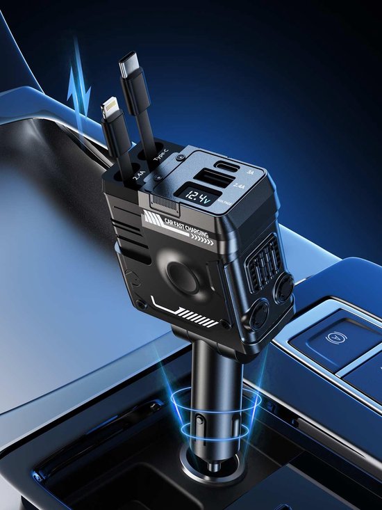 Autolader - 4 in 1 Snelle Autolader voor iPhone en USB C, Intrekbare Kabels (31,5 Inch) en 2 Laadpoorten - Sigarettenaanstekeradapter - Zwart