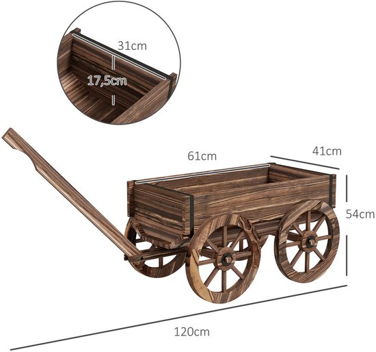 dobar® 29195FSC Plantenkruiwagen van hout, decoratieve plantenbak voor bloemen, bloemenwagen, plantenwagen, houten kruiwagen voor planten, 107 x 29 x 30 cm, bruin