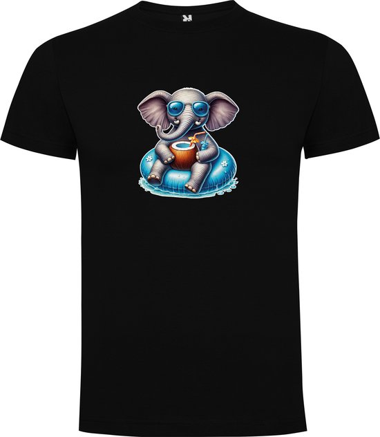 T-shirt Zwart avec imprimé « Éléphant coloré avec cocktail de noix de coco dans une bouée – Fête – Vacances – Détente » en couleur, taille 3XL
