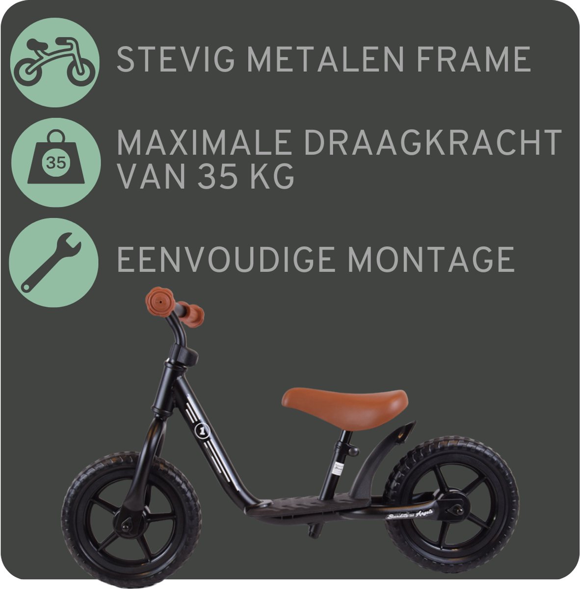 Bandits & Angels Metalen Loopfiets Starter Zwart met Voetenplank vanaf 2 Jaar - Limited Edition - Zwarte Loop Fiets - Verstelbaar Zadel 29 tot 39 cm - Voor Jongens en Meisjes - Compact en Veilig - Lage Instap met Voetenplank — afbeelding 3