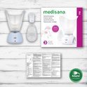 Verpakking van de Medisana gezichtssauna FSS met de sauna, toebehoren, instructies en garantieinformatie.