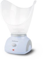 Witte Medisana gezichtssauna met grijze accenten, een rode indicatorlampje en een schakelaar op een witte achtergrond.