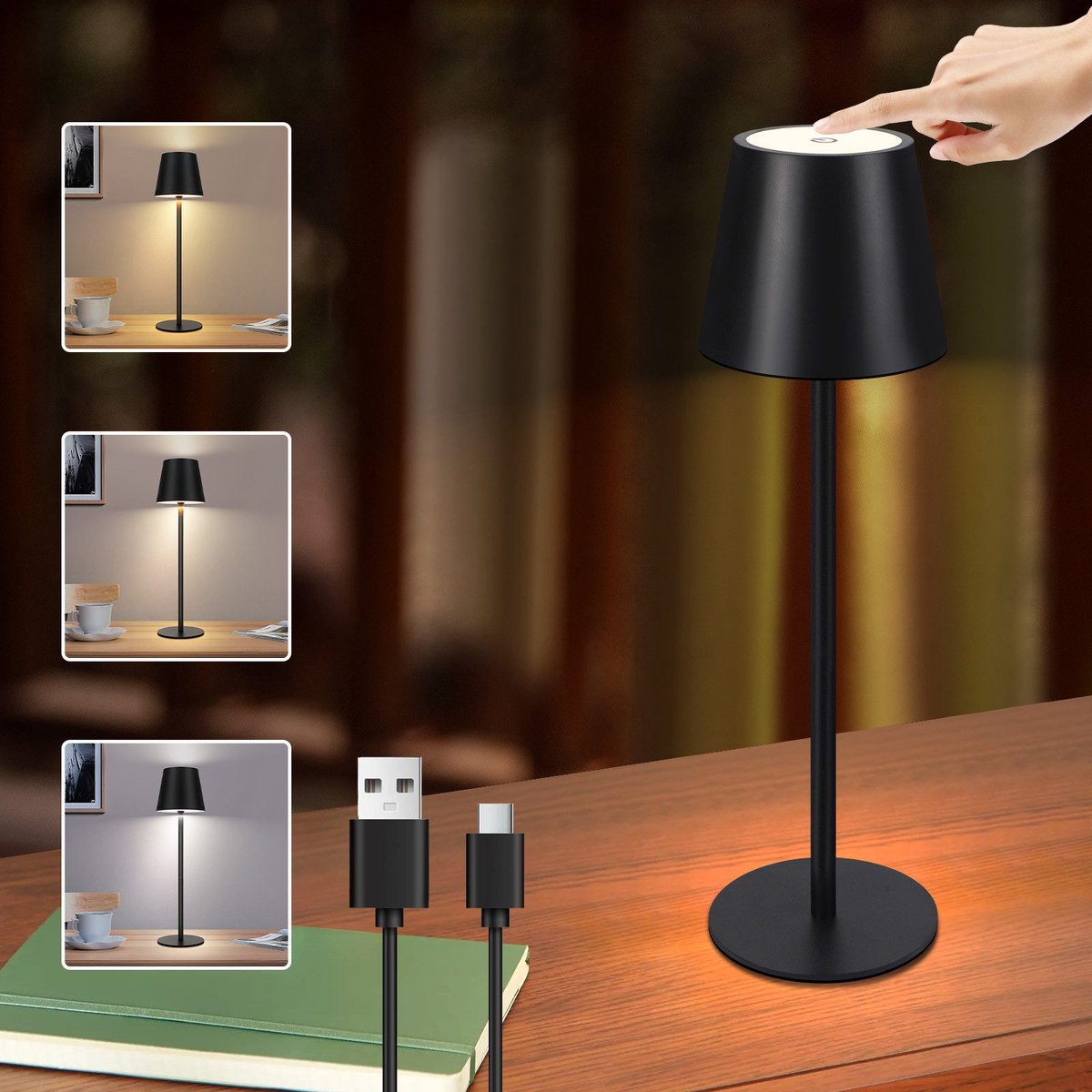 NETTLIFE Tafellamp Oplaadbaar - Zwart - 2W - Touch dimbaar - met batterij - Metaal - Outdoor USB bureaulamp - IP54 - draadloos Bedlamp