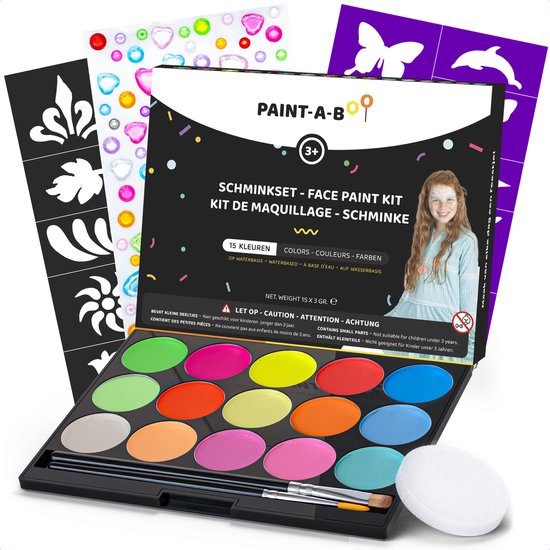 Paint-A-Boo Schminkset Kinderen op Waterbasis – Met 30 Voorbeelden - Schmink Voor 45 Gezichten – Incl. Sjablonen Glitters Penselen en Spons – 15 Kleuren - Carnaval