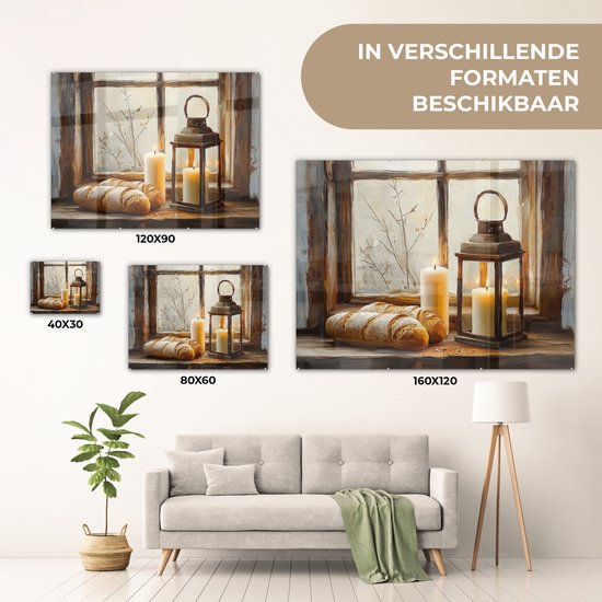MuchoWow® Peinture sur verre 160x120 cm - Peinture sur verre acrylique - Nature morte - Rustique - Bougies - Pains - Fenêtre - Photo sur verre - Décoration murale salon - Décoration murale chambre - Peintures