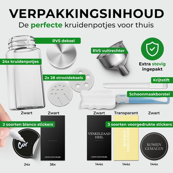 Inhoud van de verpakking: 24 kruidenpotjes, 2 strooideksels, RVS deksel, trechter, schoonmaakborstel, krijtstift en stickers.