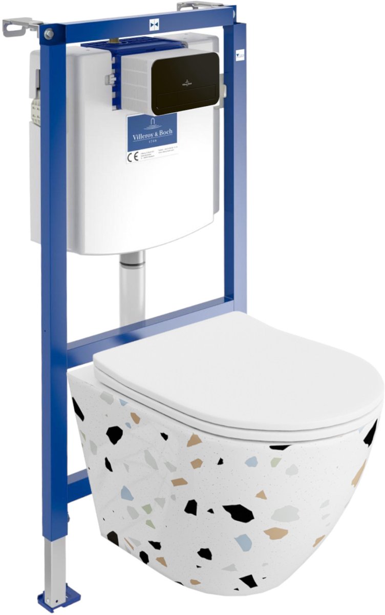 VILLEROY&BOCH VICONNECT SOFI SLIM STONE - Inbouwreservoir H112 - Zwarte drukplaat - Mat grijs rimless wandcloset toiletset