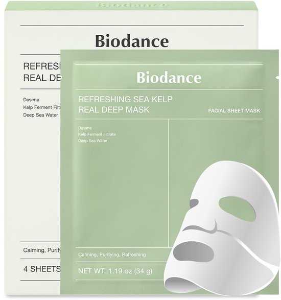 Biodance verfrissende zeewier gezichtsmasker verpakking met vier maskers.