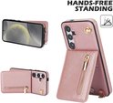 Roségouden telefoonhoesje met ritssluiting, staande functie en draagkoord. "HANDS-FREE STANDING"