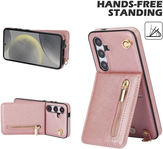 Roségouden telefoonhoesje met ritssluiting, staande functie en draagkoord. "HANDS-FREE STANDING"