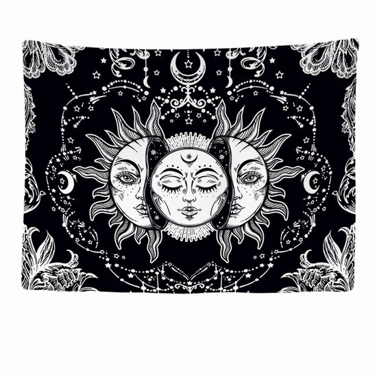 Ulticool - Sun Moon Zodiac Tarot Nature Bohemian - Tapisserie - 200x150 cm - Groot tapisserie - Affiche - Zwart/ Wit