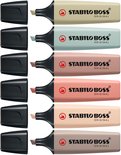 Zes STABILO BOSS Original textmarkers in pastelkleuren: crèmekleurig, mintgroen, roze, perzik, zand en grijs.