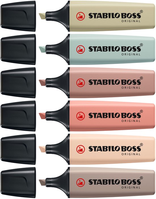 Zes STABILO BOSS Original textmarkers in pastelkleuren: crèmekleurig, mintgroen, roze, perzik, zand en grijs.
