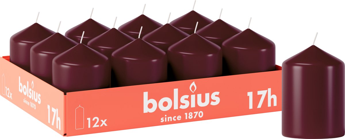 Bolsius Gladde Stompkaarsen - 12 stuks - Bordeauxrood - 17 branduren - 8 x 5,8 cm Bordeaux Rood