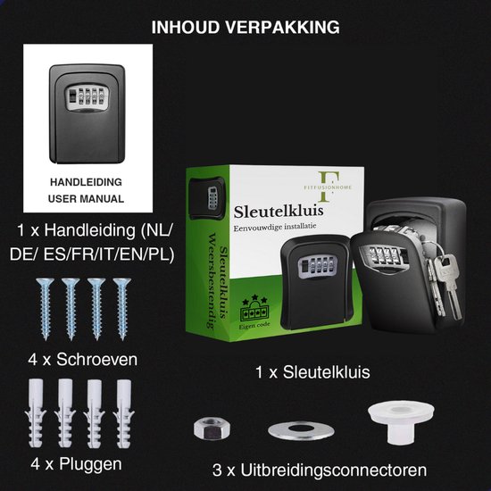 Inhoud verpakking: 'Handleiding USER MANUAL', 4x Schroeven, 4x Pluggen, 1x Sleutelkluis, 3x Uitbreidingsconnectoren, met Nederlandse tekst.