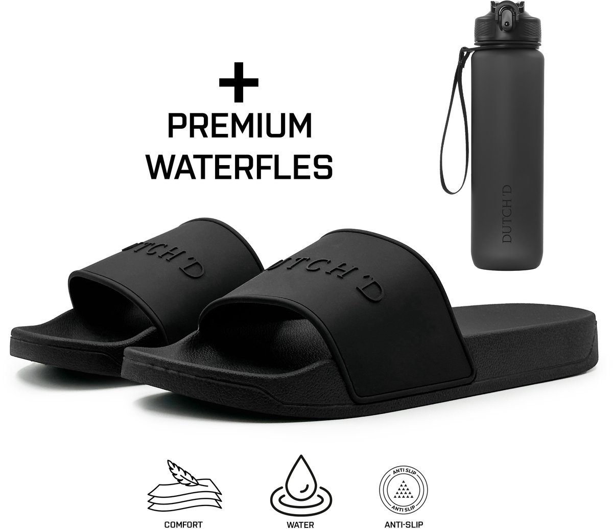 Dutch'D ® Rubberen slipper + Handige Waterfles! - Zwart - Maat 43/44 - anti slip - Comfortabel - Dubbele maten - unisex - Heren Badslippers - Slippers - Badslippers