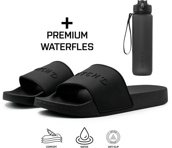 Foto: Dutch d rubberen slipper handige waterfles zwart maat 43 44 anti slip comfortabel dubbele maten unisex heren badslippers slippers badslippers