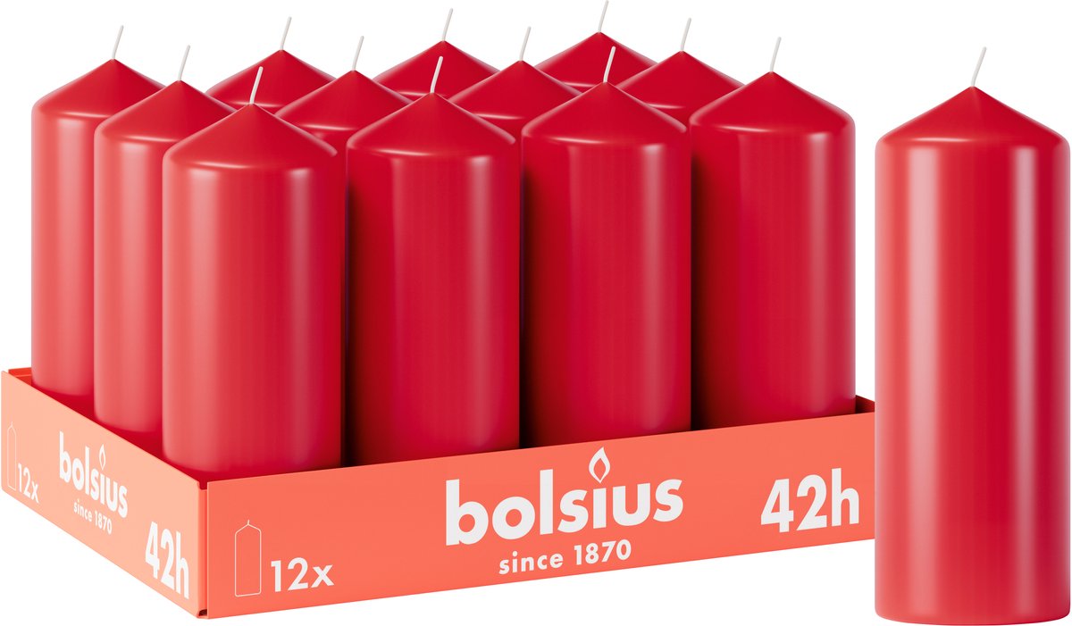 Bolsius - Gladde Stompkaarsen - 12 stuks - Rood - 42 branduren - 15 x 5,8 cm
