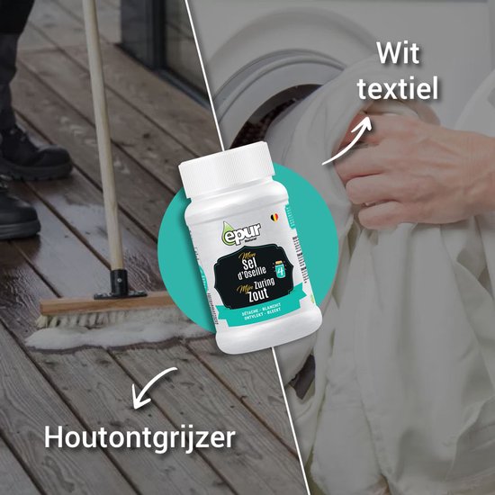 Container ePur Zuring Zout naast een schone witte was en een houten dek met sop.