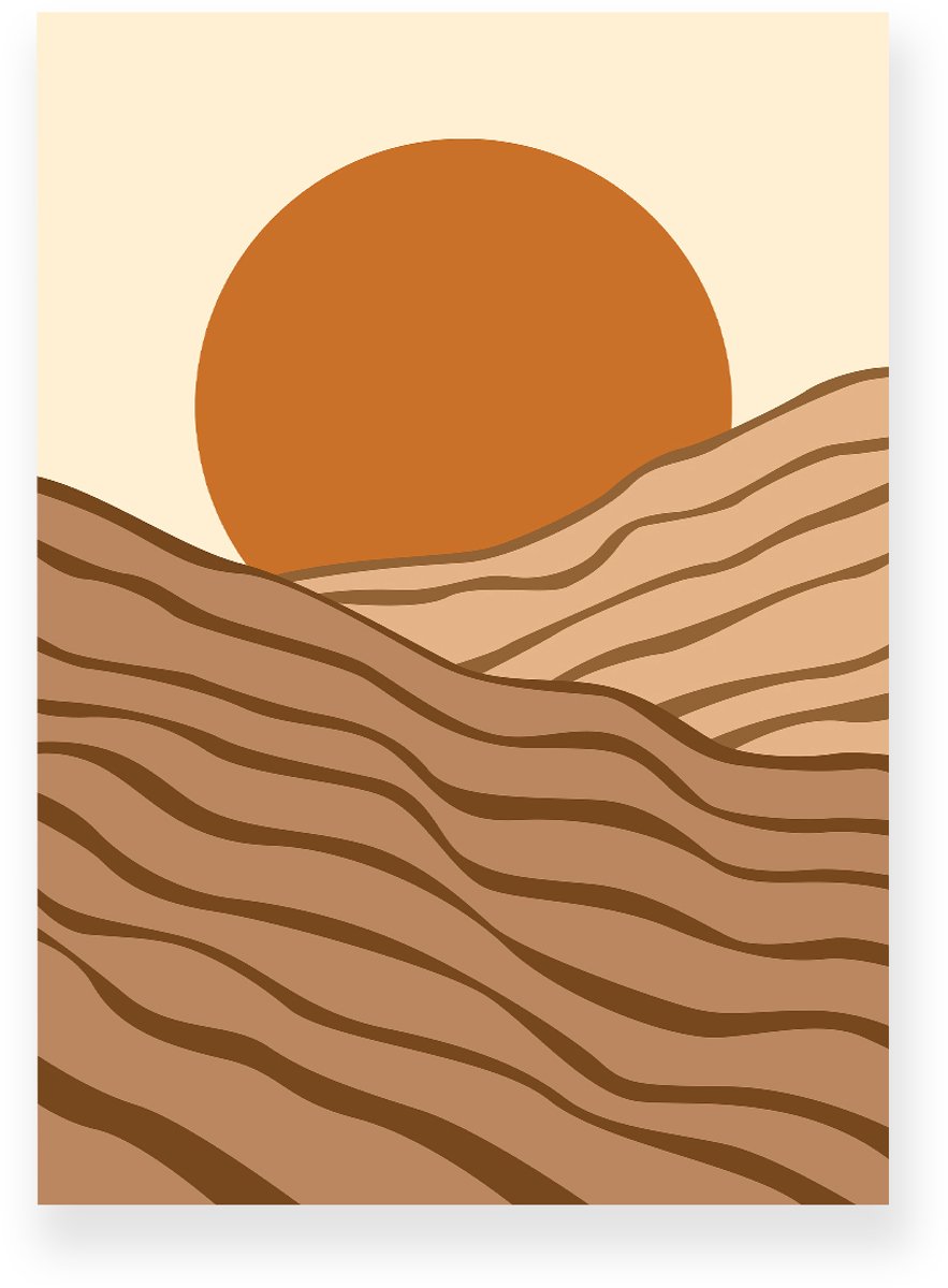 Yisual Poster 50x70 cm - Zonsondergang - Gelaagde Heuvels - Bruin - Beige - Minimalistisch - Landschap - Muurdecoratie - Wanddecoratie