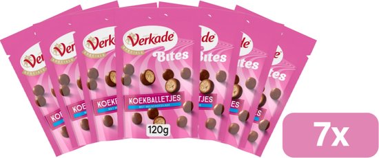Zeven roze zakjes Verkade Bites Koekballetjes met melkchocolade, 7 x 120g.