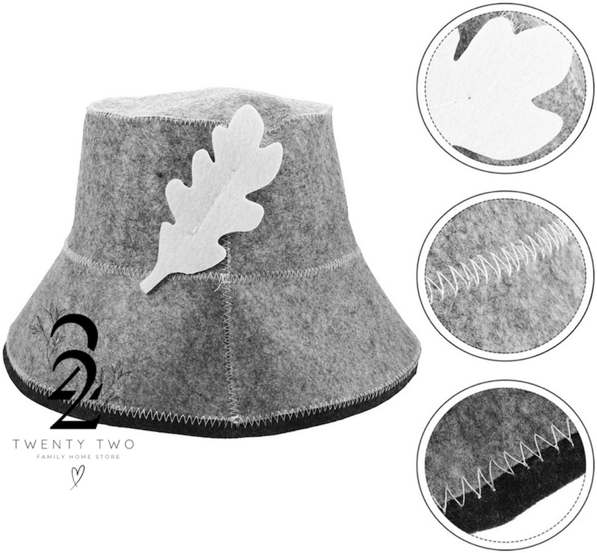 Twenty Two® Banya saunahoed 1 stuk (grijs) met wit veer - wollen saunahoed voor dames/heren - sauna accessoires - bescherming van hoofdhuid tegen de hitte voor sauna (one size)