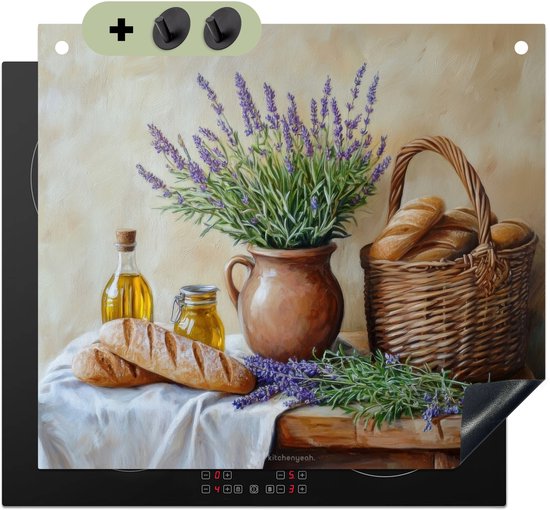 Inductiebeschermer met lavendel, brood en oliefles, met haken.