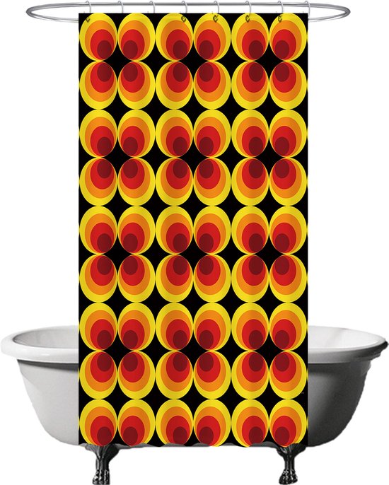 Rideau de douche avec un imprimé de cercles noir, jaune, orange et rouge. Design rétro.
