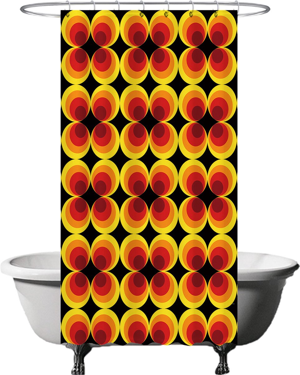 Ulticool Douchegordijn - Retro Vintage Flowers 60's 70's - 120 x 200 cm - met 8 ringen - Anti Schimmel - Waterdicht & Wasbaar - Semi Transparant - Oranje Geel