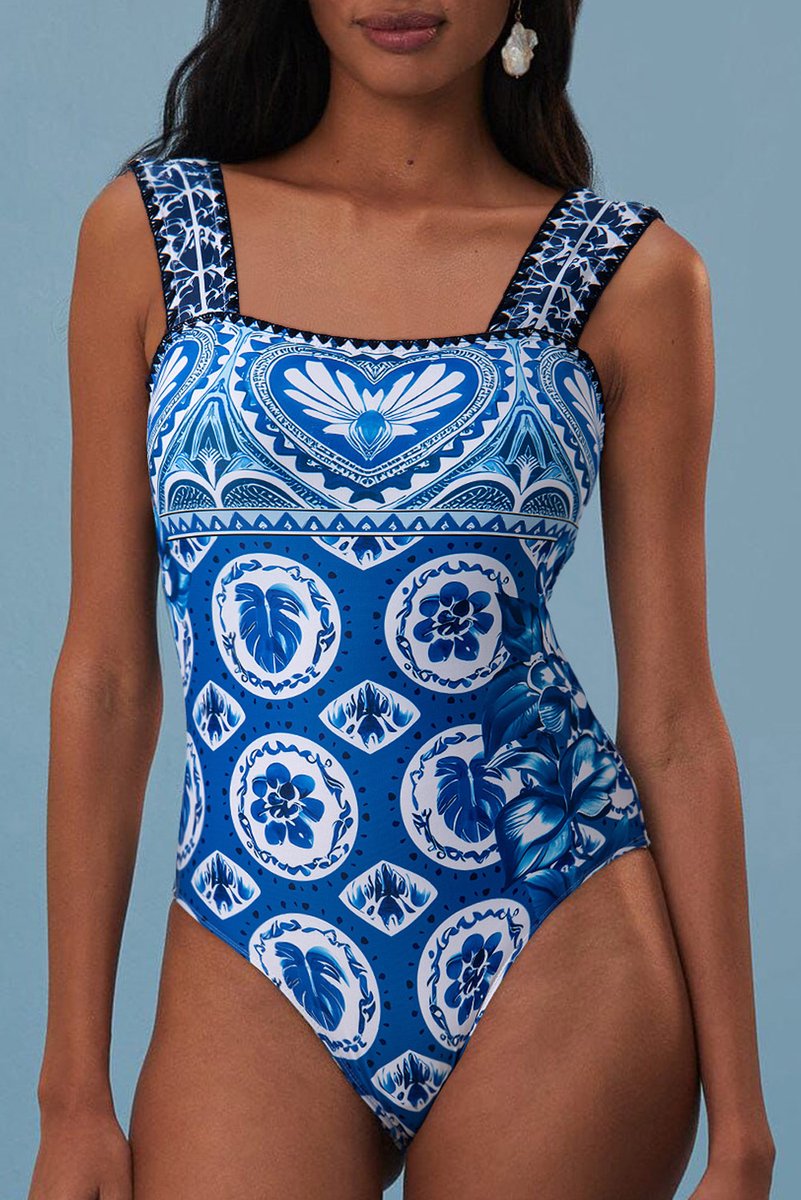 Badpak Dames - Zwempak - Tegelpatroon - Blauw - Betula