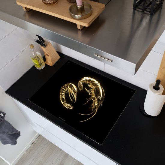 KitchenYeah® Protection plaque induction 65x50 cm - Crevettes - Noir - Or - Protege plaque de cuisson - Couvre plaque induction - Protecteur d'induction - Cuisine