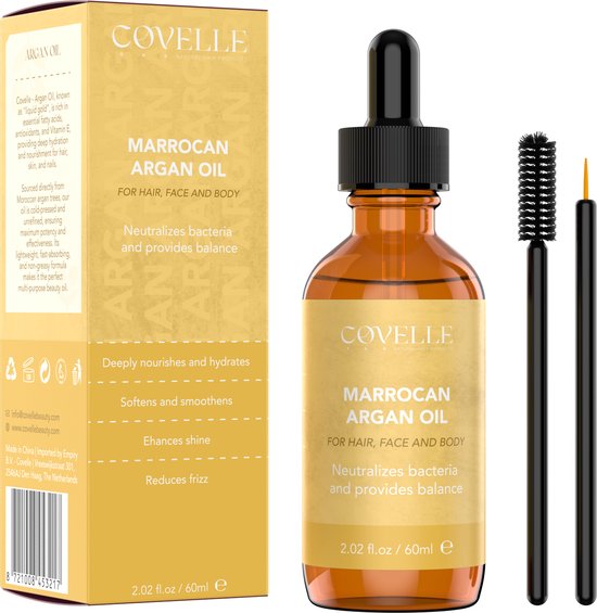 Covelle - Marokkaanse Argan olie - 60ml - Haarolie - Haarserum - Haaruitval - Wenkbrauw - Wimperserum - Olie - Hoofdhuid - Anti Roos - Wonderolie - Baardgroei - Haargroei - Argan olie