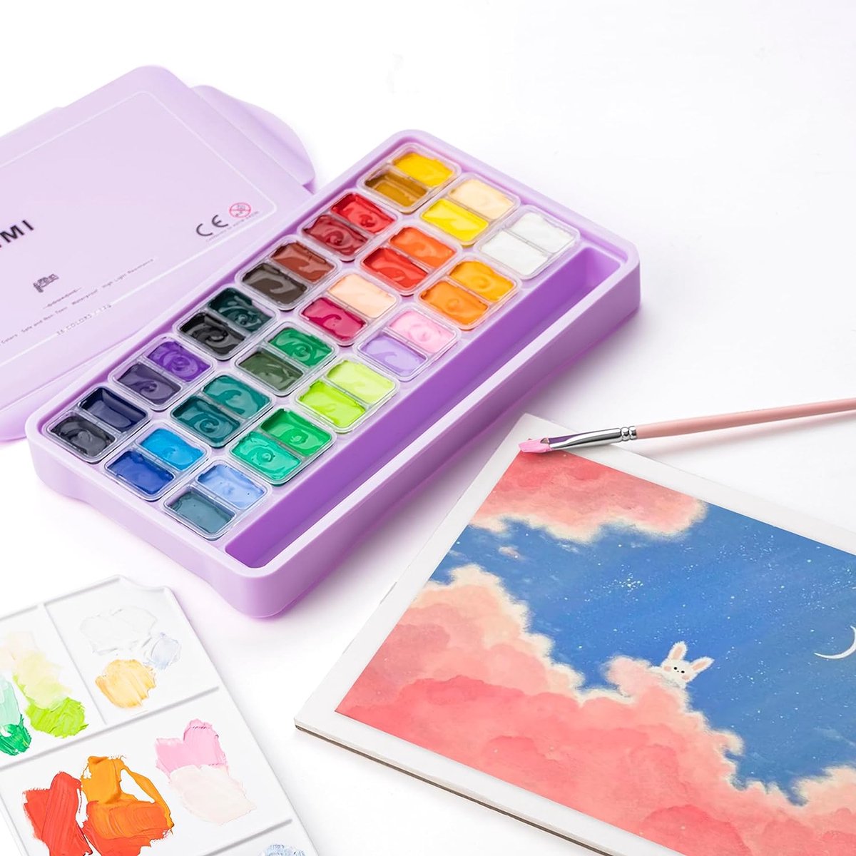 HIMI - Gouache - Twin split cups - set van 36 kleuren - 12g - 3 penselen - Lila — afbeelding 5