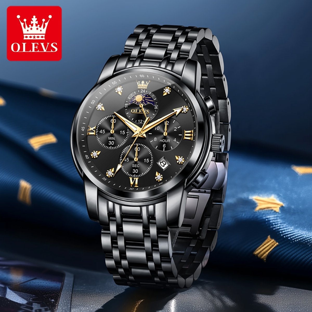 HO-3655.zw : OLEVS zwart edelstaal chronografisch quartz horloge, zwarte wijzerplaat, 2de tijdzone uren minuten maanfase -aanduiding, diamant, zirkonia