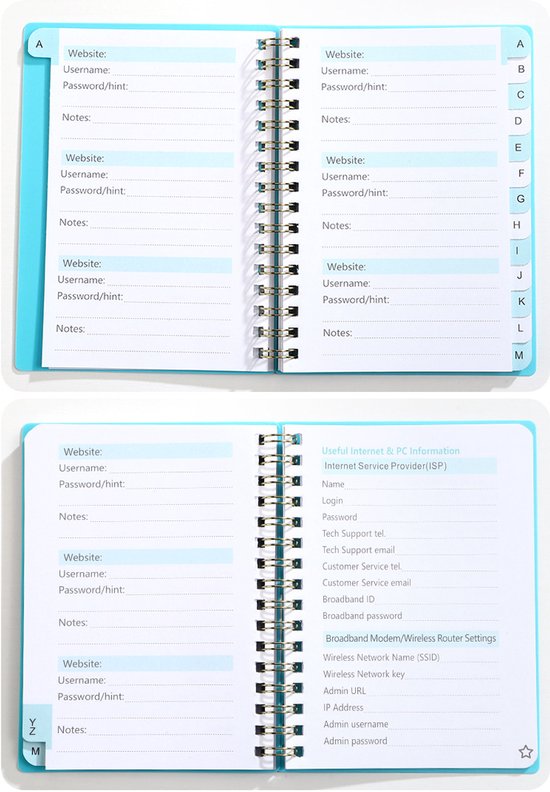 Dubbele pagina's van een blauw wachtwoordenboekje met alfabetische indexen aan de rechterkant. Tekst is "Useful Internet & PC Information".