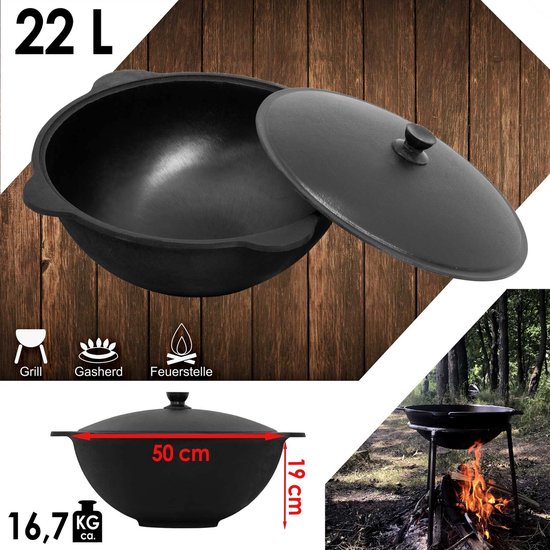 4BIG.fun Kazan Gietijzeren pan, 8 liter, met aluminium deksel, platte bodem, Usbek zwenkpan, NAMAN, Kazan, Oezbeekisch Asia, wok, gietijzeren pan, grillwok