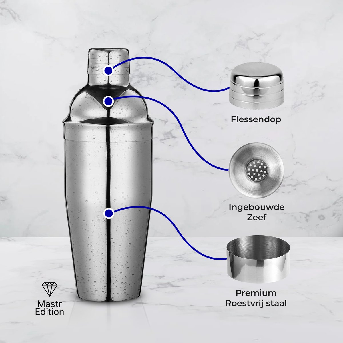 Mastr Edition Cocktail Set - Cocktail shaker set 8 delig - Mix drank - Cocktailshaker 750ml - Zilver - RVS - Vaatwasser bestendig - Cocktail accessoires - Cocktail receptboekje - Gratis spel kaarten — afbeelding 2