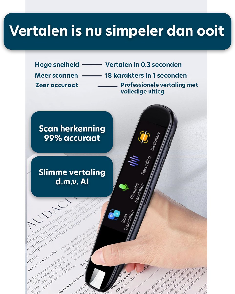 Afbeelding 2 van Aipen Vertaalcomputer - Vertaal Apparaat - Vertaalpen - 142 Talen - Slimme Vertaler - Smart Scanner Translator - Ai Vertaal Apparaat - Spraak Vertaal Functie - Voorleespen - Zakelijk Woordenboek - Met Lcd-Scherm - Draagbare Vertaler - Zwart