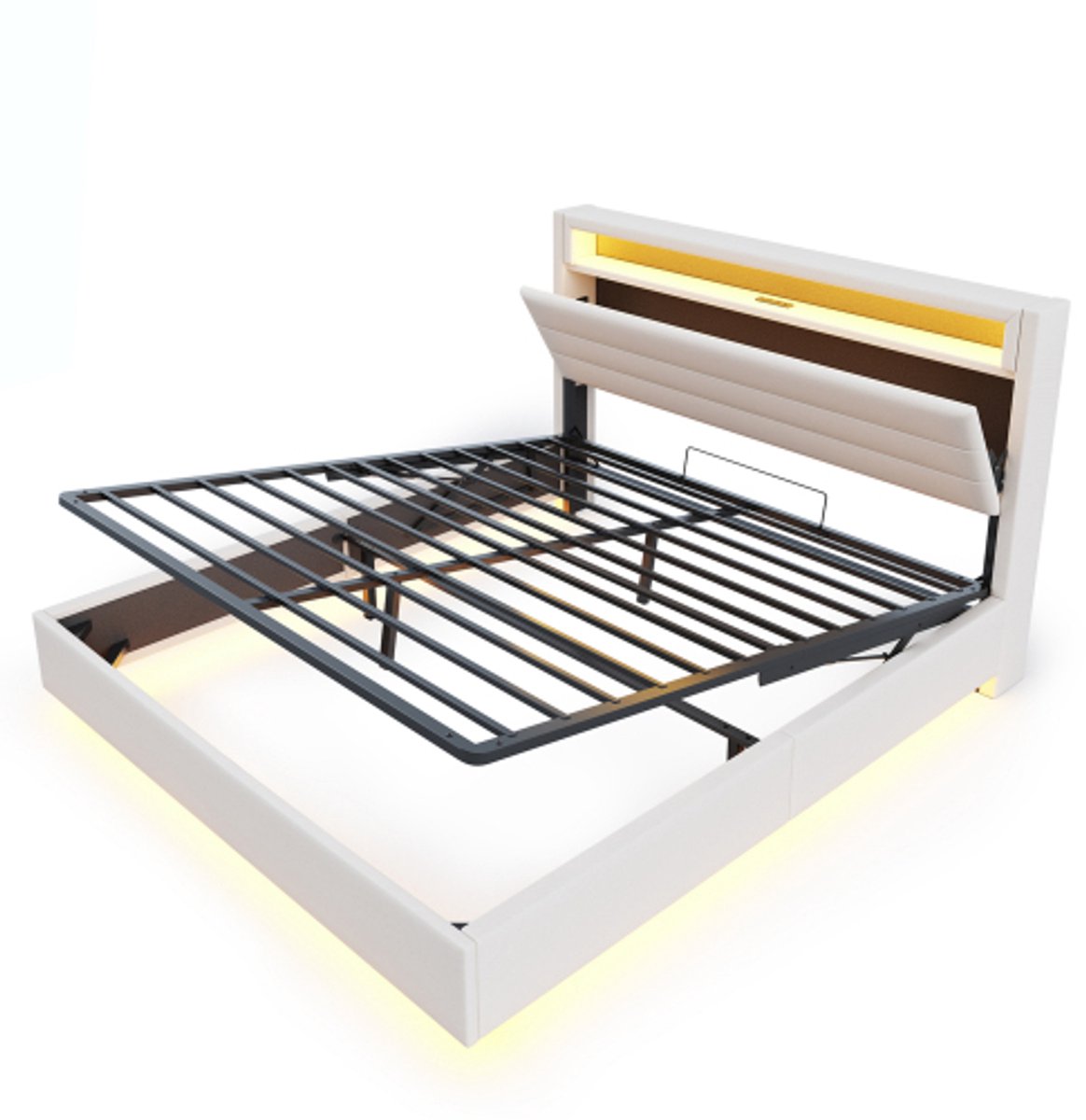 GOTAGEE Gestoffeerd bed 160x200 cm, hydraulisch zwevend bedframe met opbergruimte, met USB-aansluiting en LED-verlichting, omkeerbaar hoofdbord, linnen, beige(zonder matras)