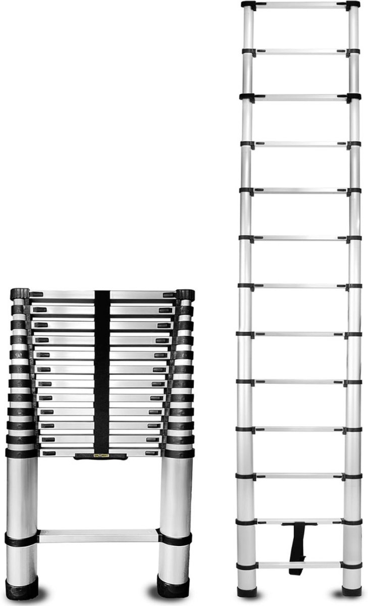 Zylo® Telescopische Ladder - Telescopische Vouwladder - Uitschuifbare ladder - 125 kg Capaciteit - 3,8m - 48x9x380cm - Zilver