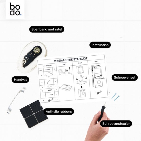 Stapelkit met Uitschuifbare Plank voor Wasmachine & Droger – Wit – Bodo