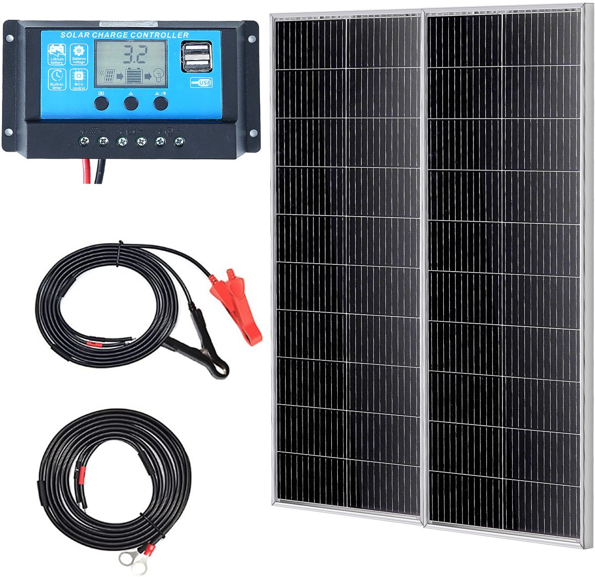 VEVOR 200W Zonnepaneel Set van 2 12v Monokristallijne Zonnemodule Plus Laadregelaar 16,66a Zonnestelsel Conversiepercentage van 23% Compatibel met Agm, Gel, Fld, Li Accu's Ideaal voor Campers, Jachten, Accessoires